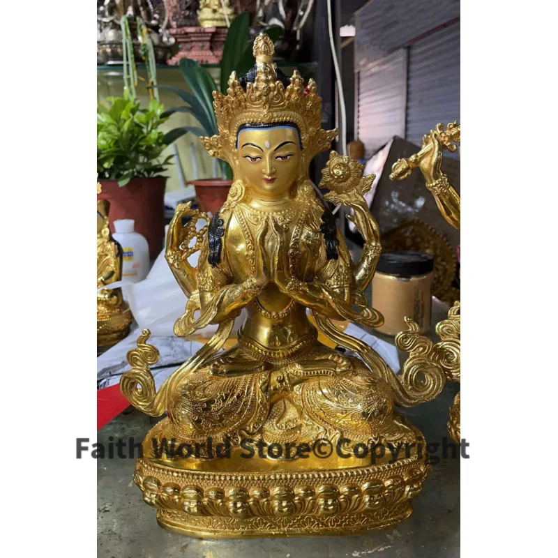 

12 inches Wholesale Buddhist supplies Asia Thailand Four Arm Guanyin Buddha gilding statue HOME exorcism Safe healthy GOOD LUCK