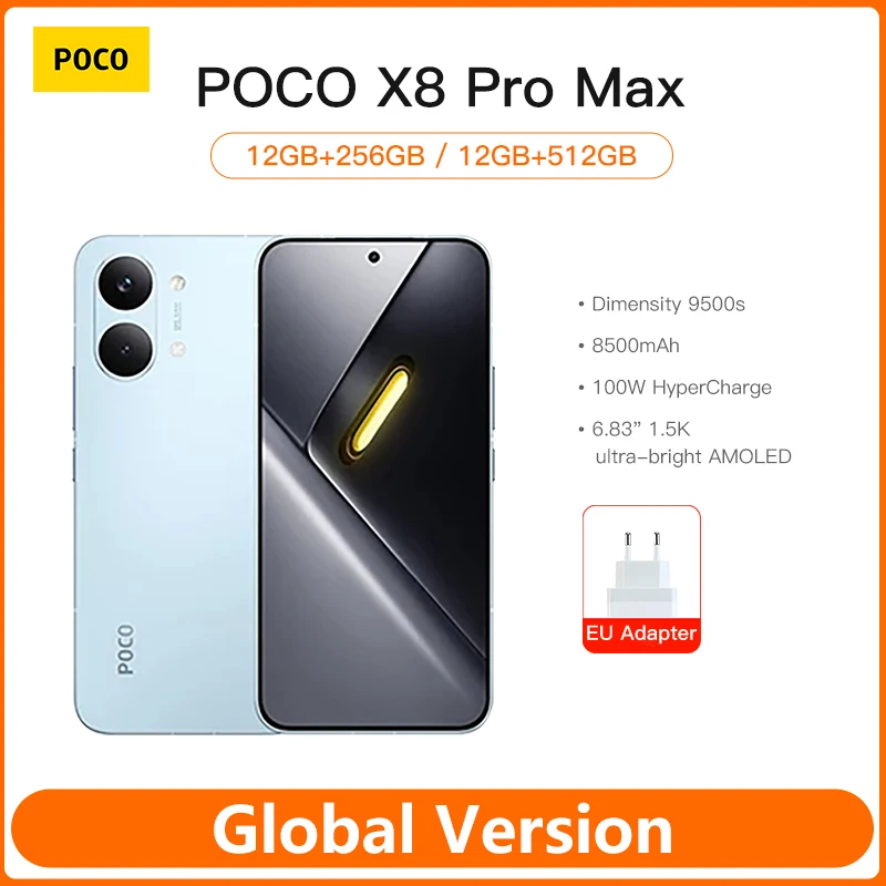 Xiaomi Mobile Global Version POCO X8 Pro Max 8500mAh Smartphone Dimensity 9500s 6.83'' 1.5K 120Hz Ultra-Bright AMOLED Display