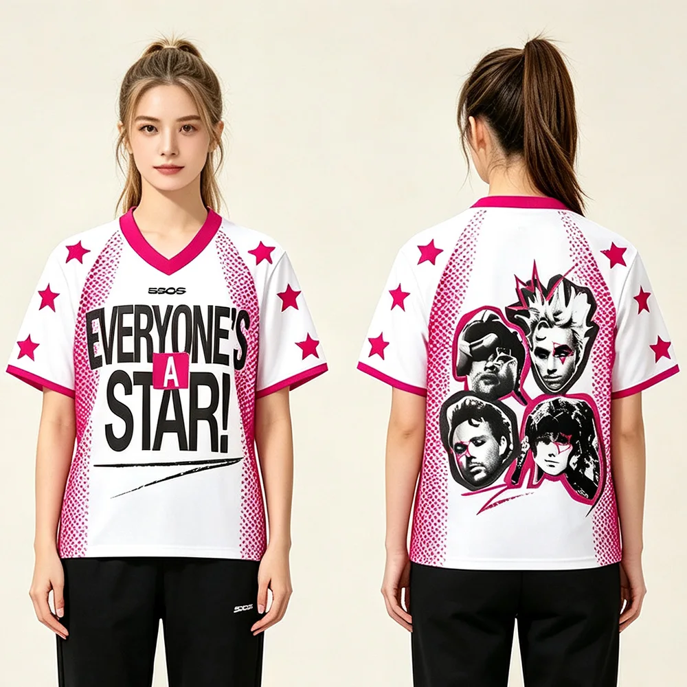 5 Seconds of Summer V-neck Mesh Jersey Gift for Fans Fashion Street Top Casual T-shirt 5SOS Women Men Y2K Music Loose Sportswear
