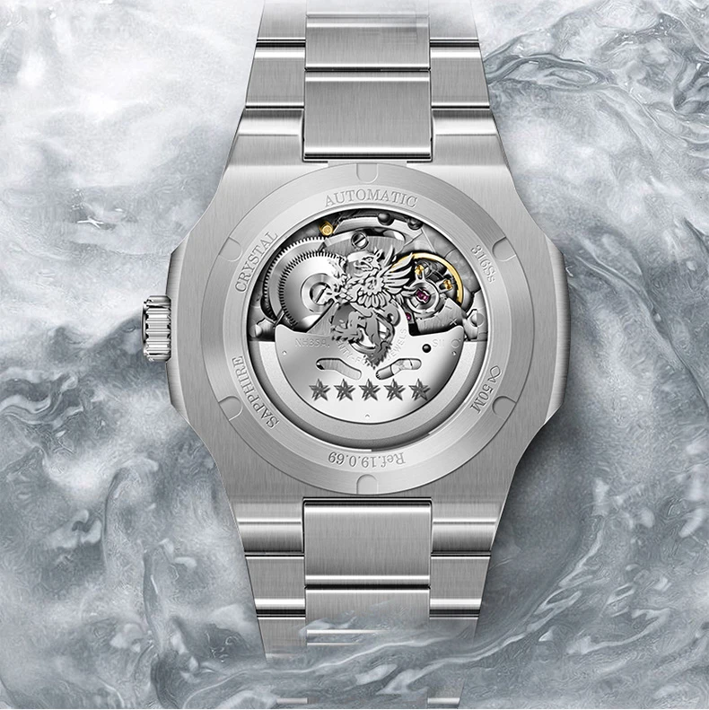 ساعة LOBINNI للرجال أوتوماتيكية 43 ملم ساعة يد ميكانيكية مربعة فاخرة مرآة ياقوت مضيئة لتاريخ الأسبوع