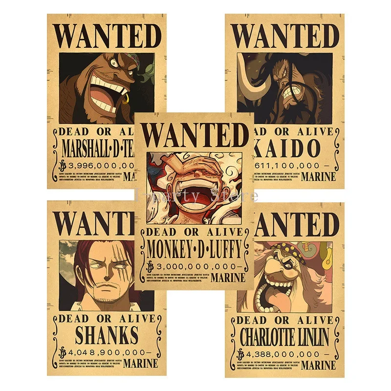 Figura de Anime Bounty One Piece, carteles de garantía de Luffy Vintage Wanted, decoración de pared para habitación de niños, pinturas, juguetes,