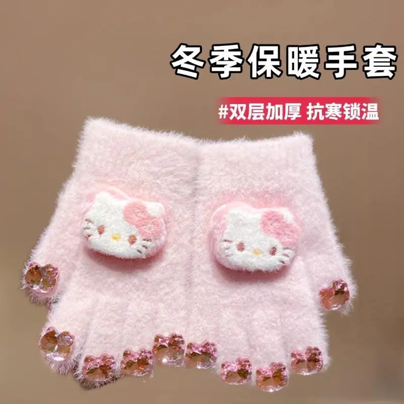 Детские перчатки Hello Kitty Sanrio, милые плюшевые теплые зимние перчатки Kt с бриллиантовыми украшениями, зимние подарки для детей