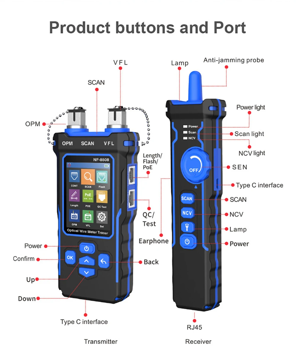 NF-8508 Kabeltester Tracker Länge messen Wiremap LCD PoE-Test VFL & OPM CAT5 CAT6 RJ45 Tester Kabellocator Inspektionswerkzeuge – Detail 14