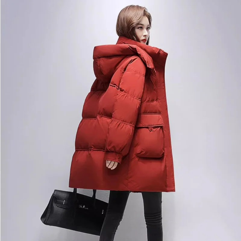 

Winter Warm Coat 2024 New 90 White Duck Down Jacket Hooded Medium-length Parka Fashion Elegant Leisure Bread Down Jacket