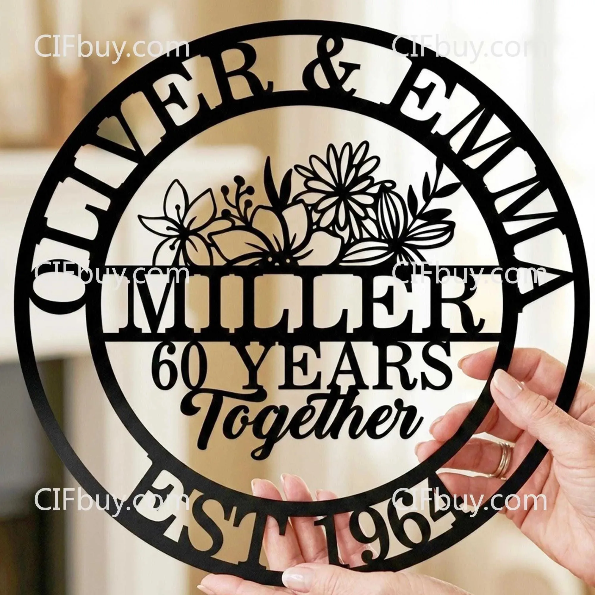 CIFbuy 60th Anniversary Custom Metal Plaque, Personalized Floral Monogram Gift for Parents (Only For Decoration)