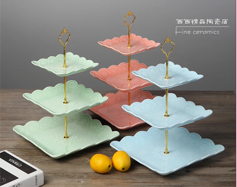 3pcs Set, Color Embossed Porcelain Cake Stand, Etagere Party Buffet, Ceramic 3 Tier Fruit Holder Decoration