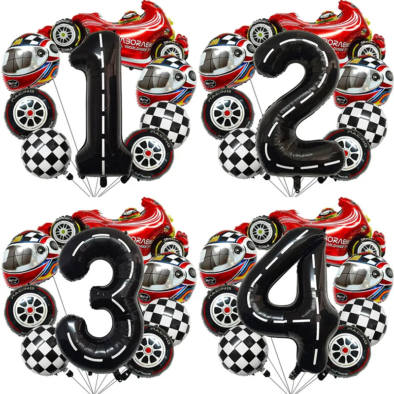 8 Uds decoración de fiesta de carreras 40 pulgadas globo con número negro globo a cuadros neumático globo a rayas rejilla de neumáticos de carreras digital