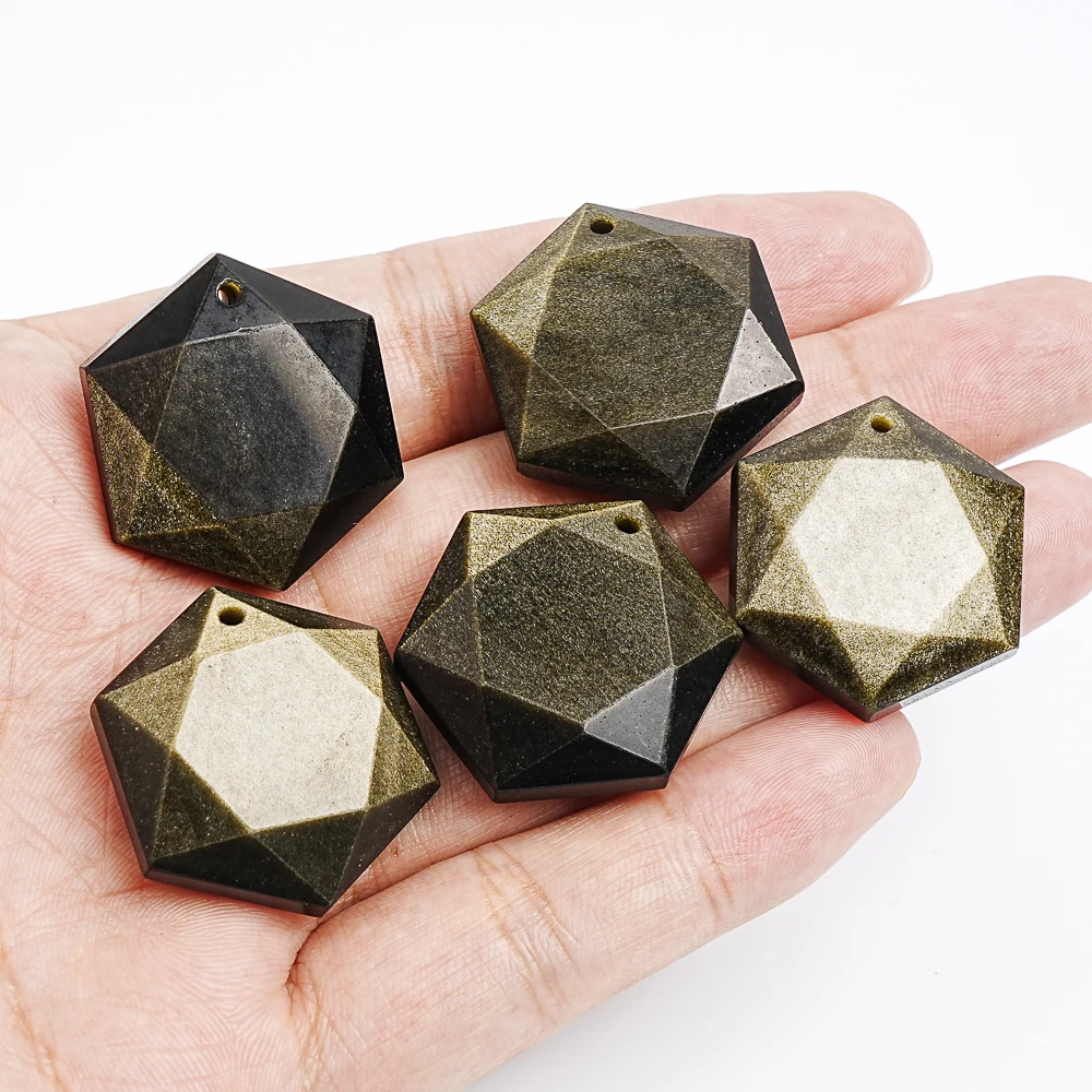 Golden Obsidian Semi Precious Stone Pendant 30x26x10MM Gold Flash Black Hexagram Star Shape Charm for Jewelry Making DIY