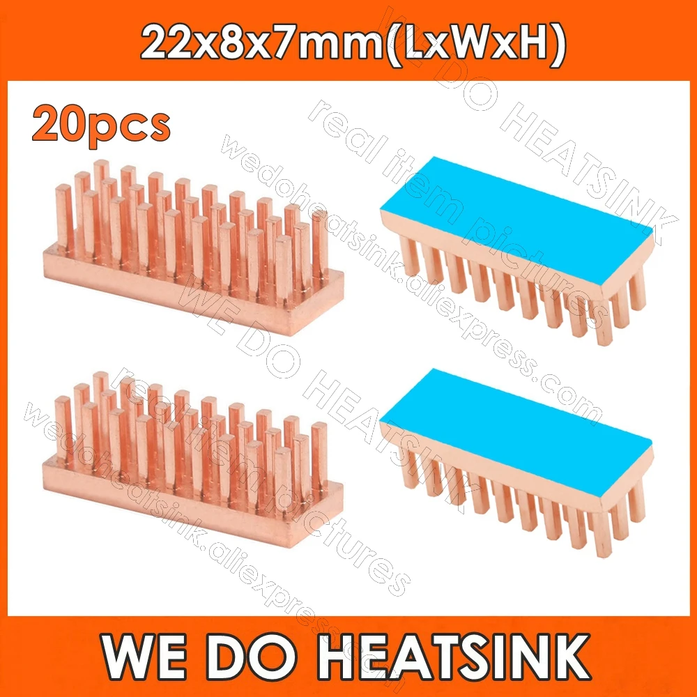 20pcs Free Shipping 22x8x7mm Pure Copper Pin Fins Rectangle Heatsink Radiator Cooler With Thermal Tape For Electronics IC CPU