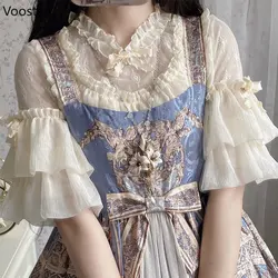 Japanese Victorian Lolita Princess Blouse Women Vintage Elegant Bow Mesh Lace Puff Sleeve Shirt Japanese Gothic Y2k Chiffon Tops