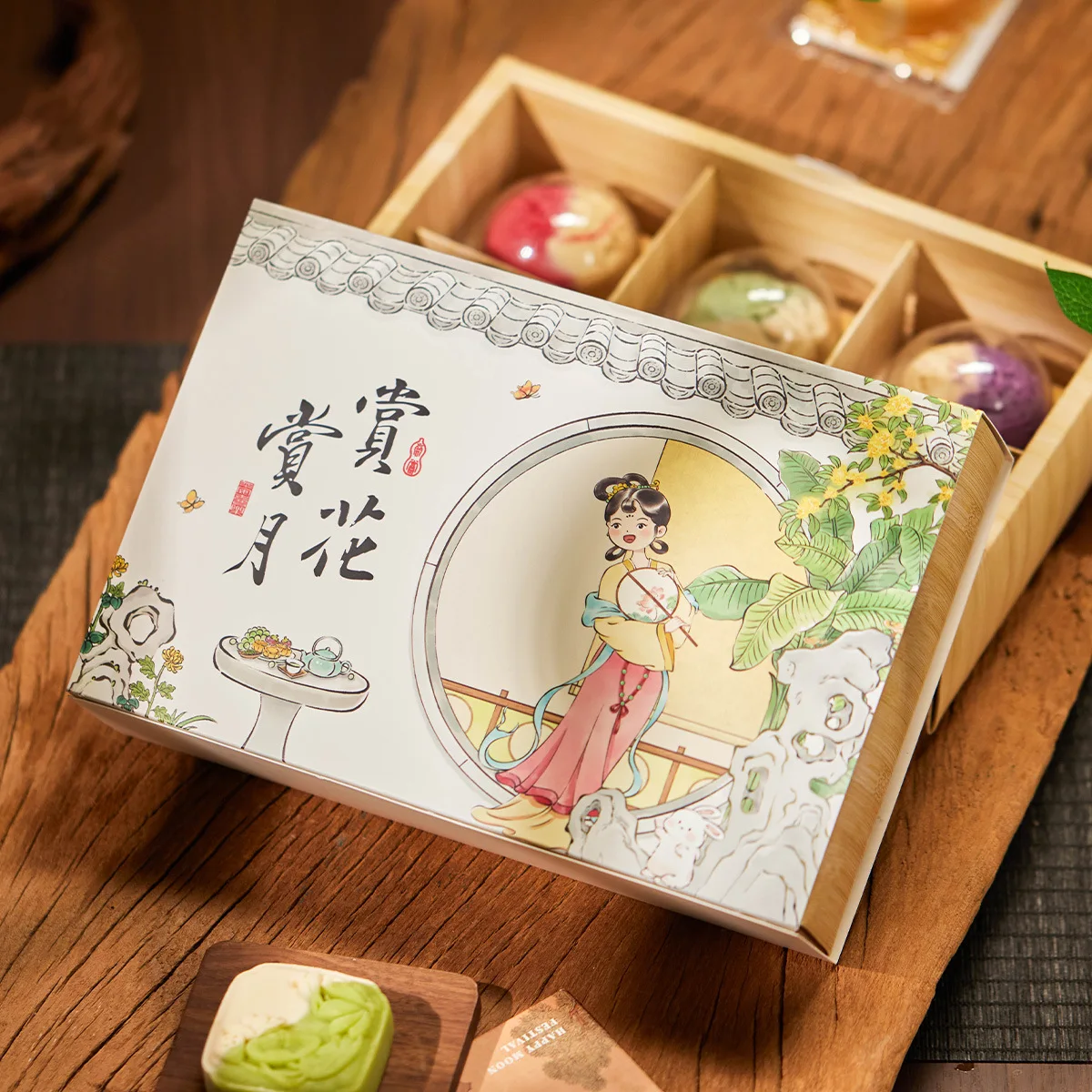 Bakery Mooncake Packaging Box Floral Moon Viewing Short Sleeve T-Shirt for Women Non-Fading Regular Thickness Summer 2025
