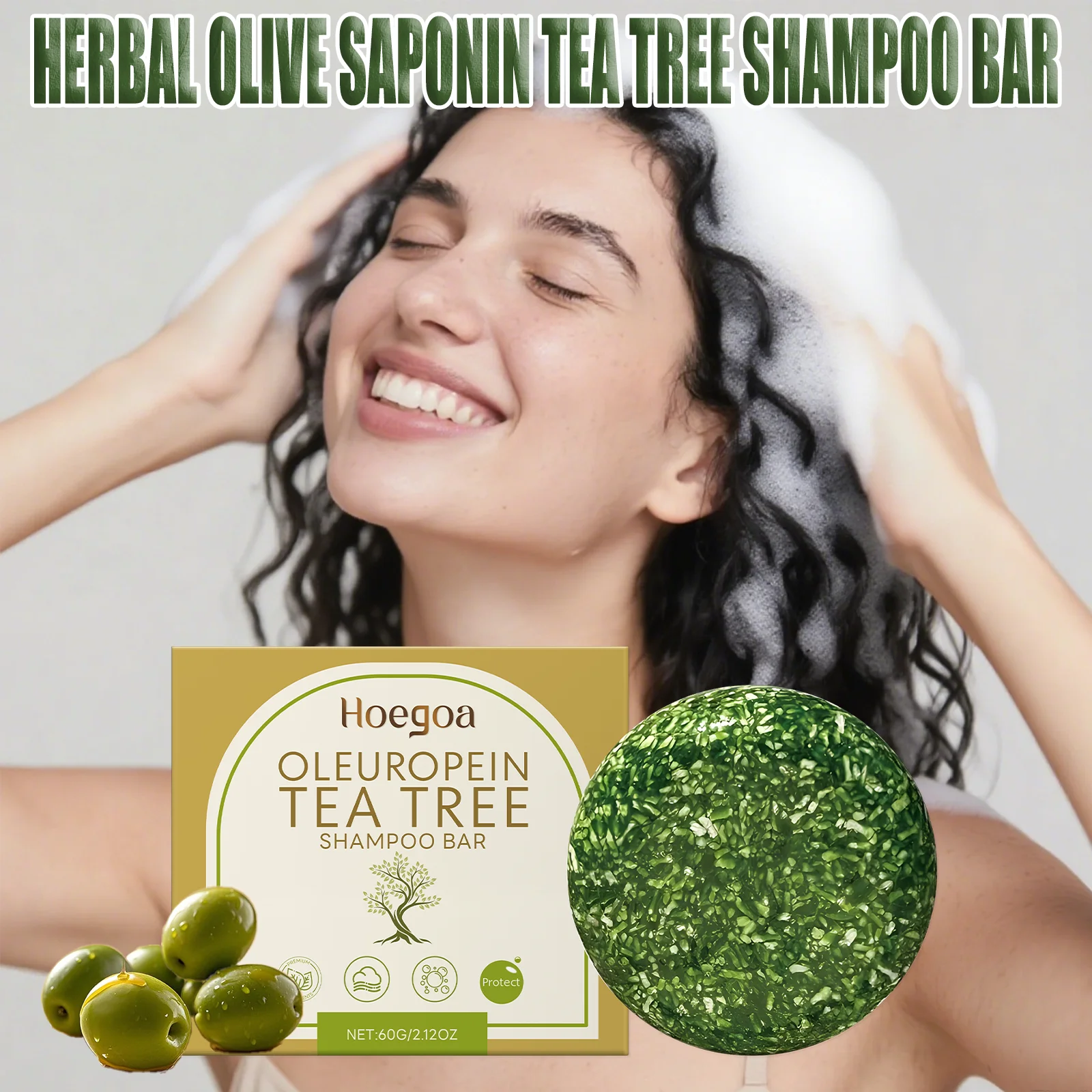 Barra de champú de árbol de té oleuropeína con vitamina E y C, cuidado del cuero cabelludo, antioxidante, fortalece el cabello, Reduce el desprendimiento, limpieza Natural del cabello
