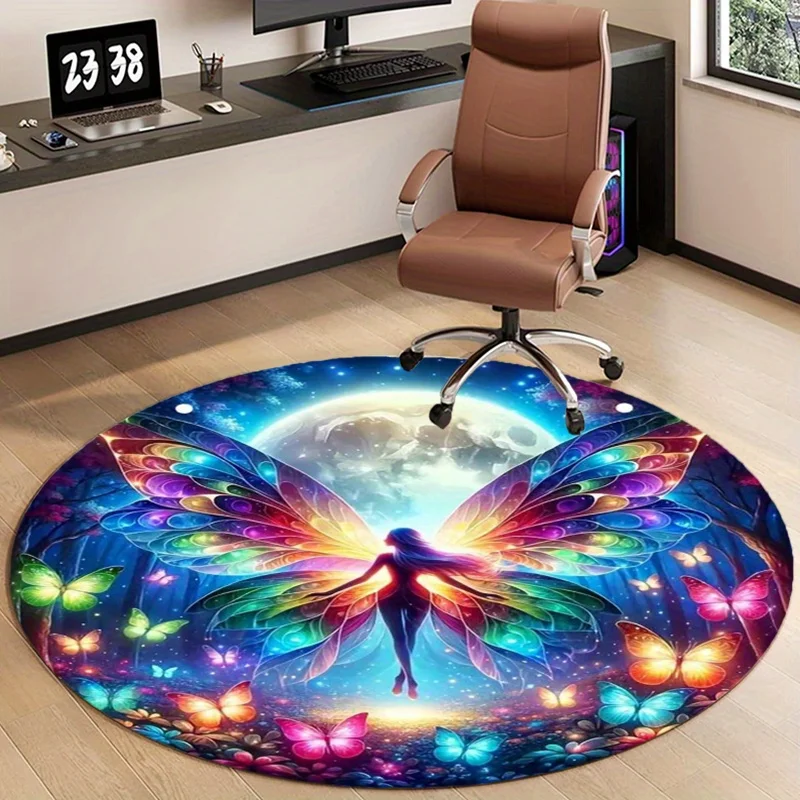 Fairy Butterfly Round Area Rug, Magical Fantasy Non Slip Circle Carpet, Washable Living Room Bedroom Mat