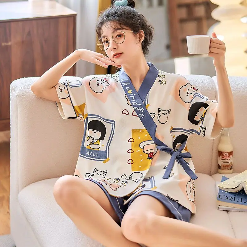 Sommer japanische Kimono Kurzarm Baumwolle Pyjama Frauen Shorts Kawaii Kleidung Lounge wear lose Pyjama Sets Nachtwäsche Mujer