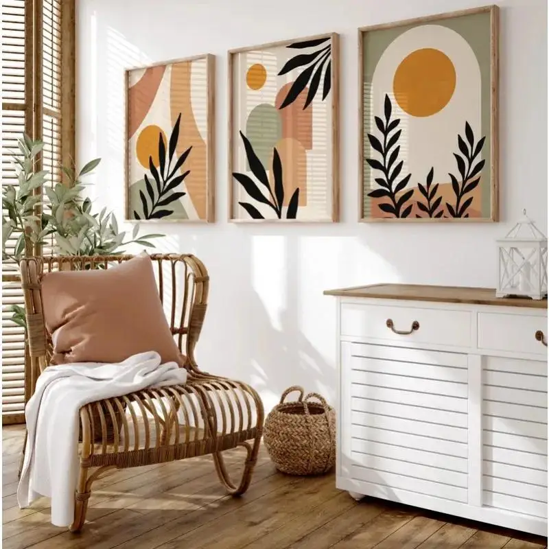 Green Terracotta Nordic Modern Canvas Painting Leaves Colour Block Bedroom Frameless Poster Bohemian Abstract Wall Art Beige