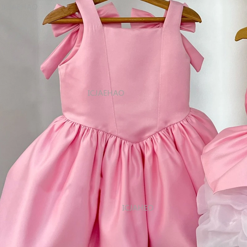 2026 New Pink Satin Spaghetti Strap Girls Dress Birthday Princess Gown Formal Party Outfit Children Pageant Attire Celebration