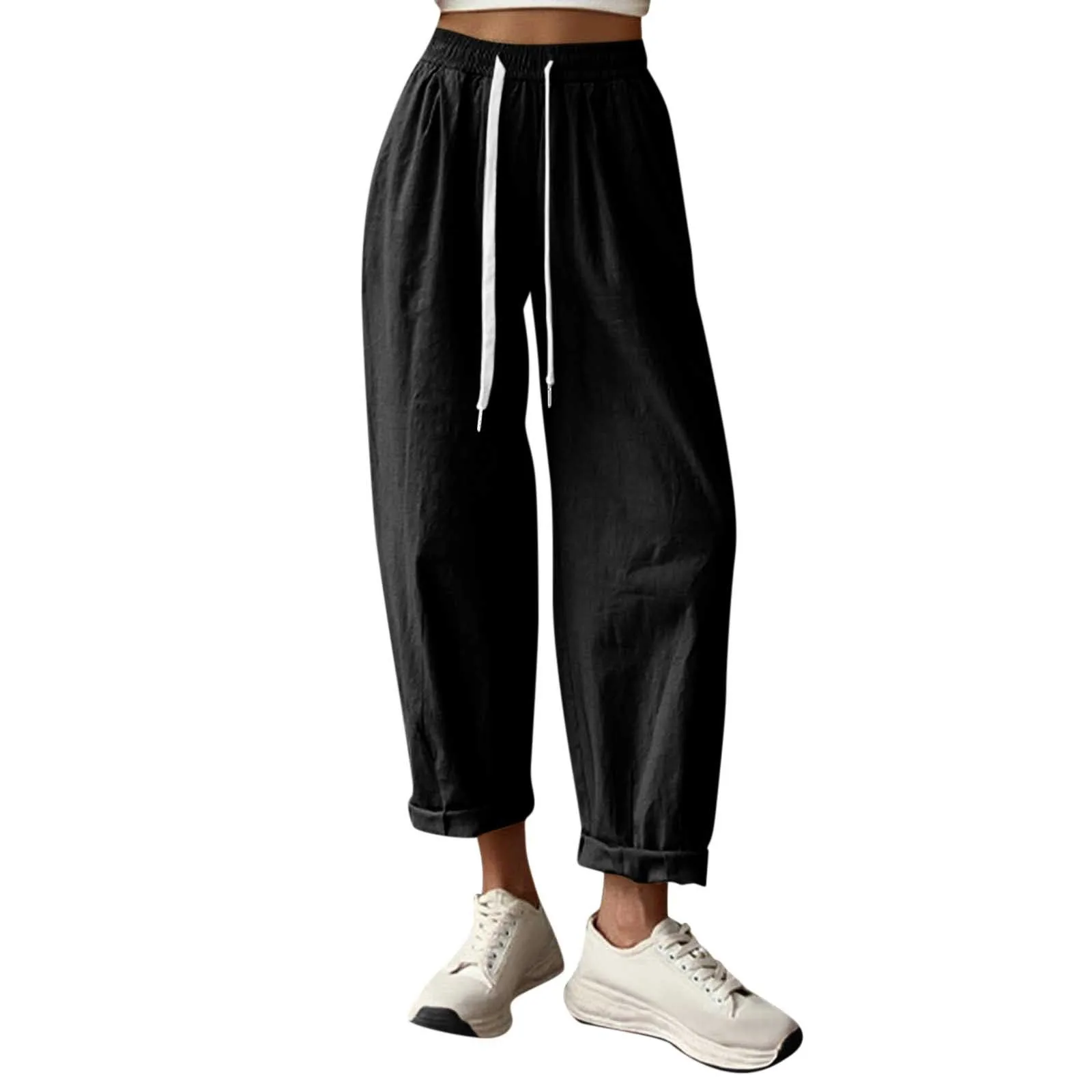 Women'S Drawstring Pants Casual Fashion Comfy Cotton And Linen Pants With Pockets Elastic Waist Wide Leg All-Match Pants