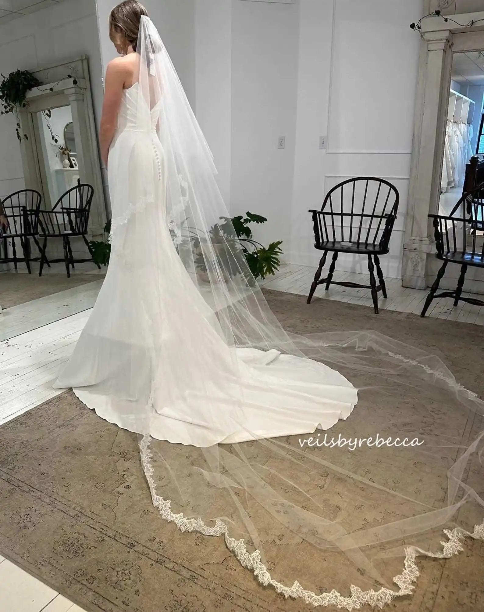 2-Tier Plain Tulle Waterfall Blusher Bridal Veil Slim Alencon Lace Cathedral Wedding Veil Handmade Custom Length Style