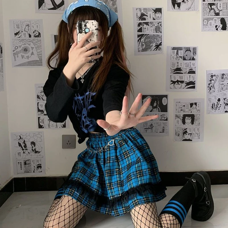 

NIGGEEY Blue Checkered Personality Y2k Gold Wire Super Sparkling Fluffy Skirt JK Harajuku Japanese Checkered Mini Skirt