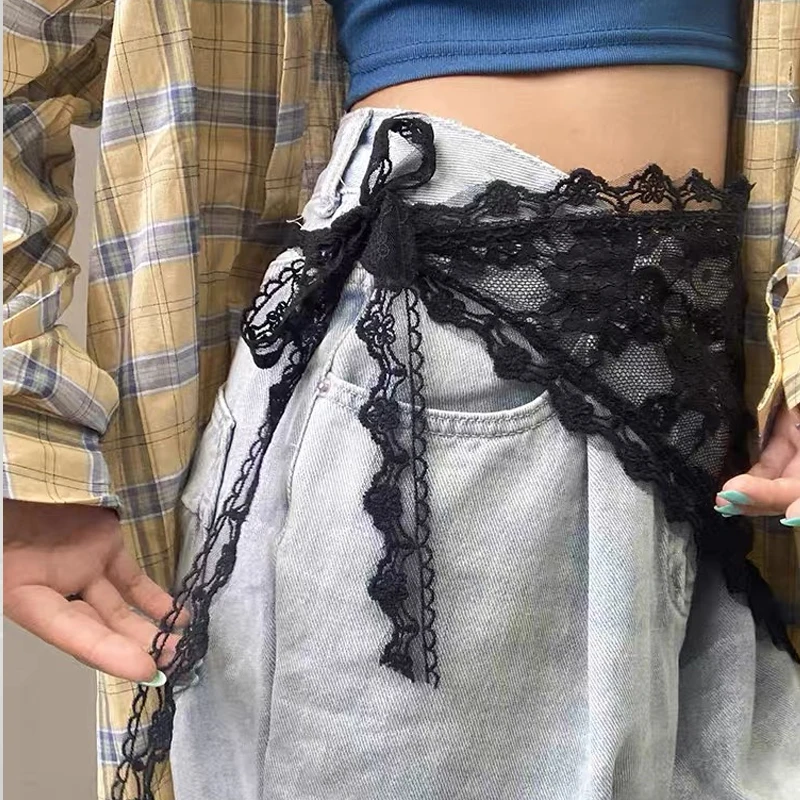 Lace Splicing Tie Dress Fart Curtain Girls Summer Jeans Decoration Korean Stacking Irregular Fashion Triangle Tie Fart Curtains
