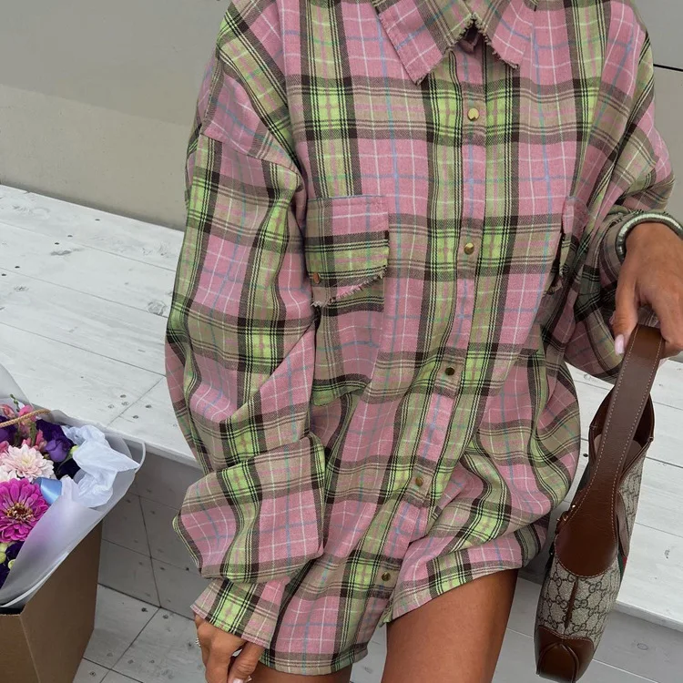 

Autumn Retro Elegant Lapel Loose Blouse Women's Casual Vintage Plaid Shirt Top Pink Printed Long-sleeve Single-button Blouse