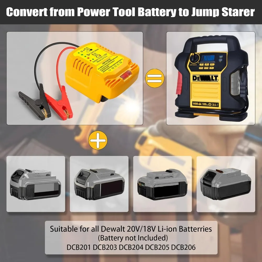 محول بادئ تشغيل السيارة لحزمة بطاريات ليثيوم أيون ديوالت 20 فولت 60 فولت مع كابلات توصيل مع مشابك 12 فولت، شاحن بطارية السيارة المحمول Jum