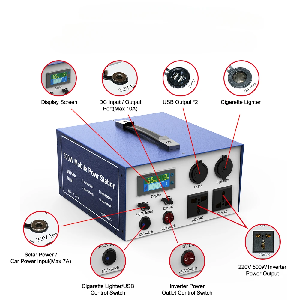 Estação de energia portátil para acampar, carro Home Backup, carregamento rápido, 666Wh, 60000 mAh, 220V, gerador de energia solar, 500W