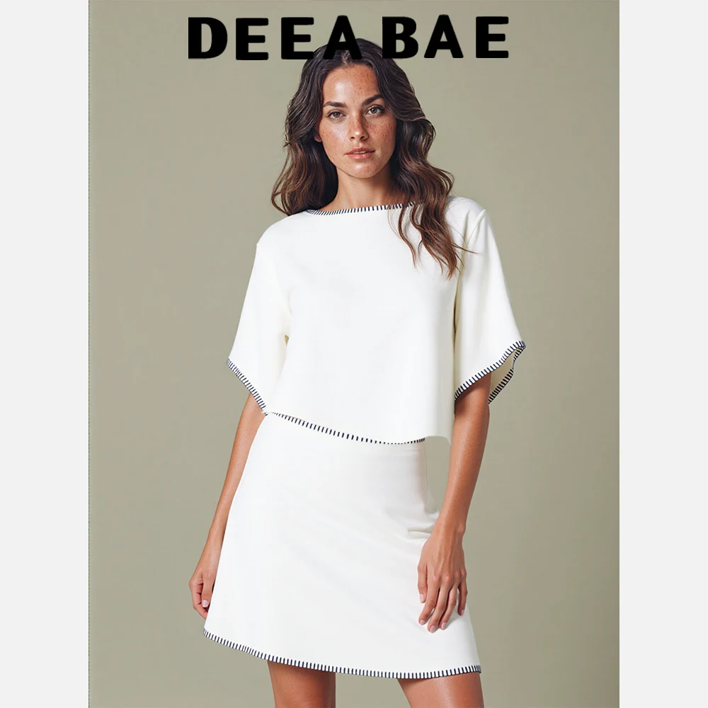 Deeabae feminino outono nova coleção cor contrastante bordado em torno do pescoço camisa de malha conjunto meia saia