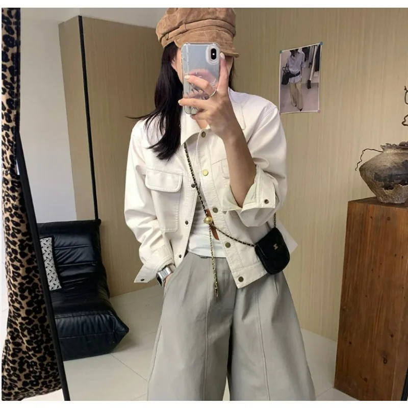 Maillard Style White PU Leather Jacket for Women 2026 New Spring Casual Loose Lapel Leather Jacket Slimming and Fashionable Coat