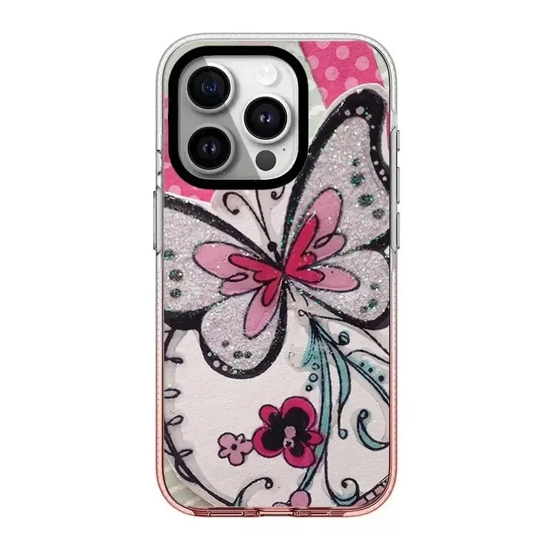 

Colorful Dots Butterfly Pink Gradient Transparent Border Magnetic iPhone 13 14 15 Pro Max Protective Case