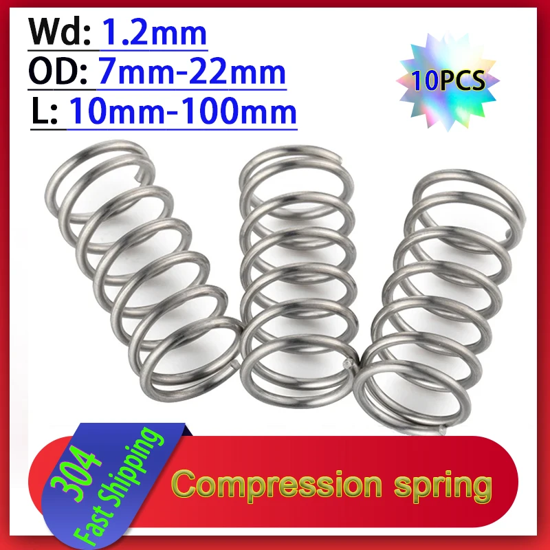 304 Stainless Steel 10Pcs Wire diameter 1.2mm Strong Pressure Compression Spring Shock Absorption Return Spring Customizable