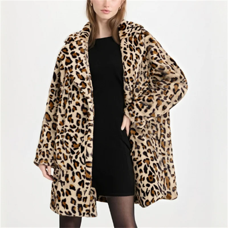 

Women's Animal Print Faux Fur Coat Chic Outerwear for Ladies Trendy Patterned Jacket for Autumn Winter