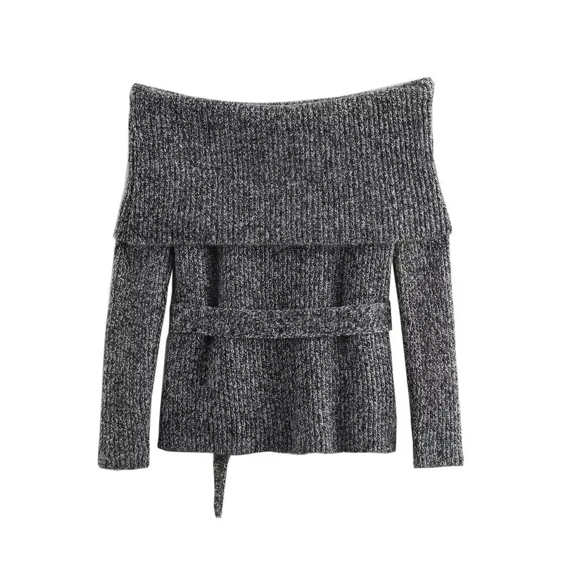 قميص نسائي جديد للخريف والشتاء بتصميم أنيق مع حزام خصر وكتف مكشوف، محبوك متعدد الاستخدامات بأكمام طويلة وتصميم بكتف واحد