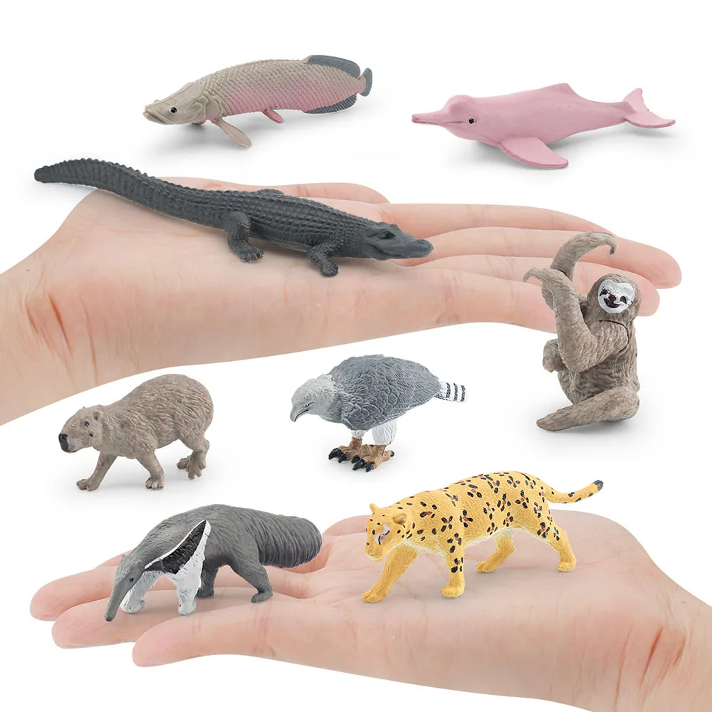 8Pcs Mini South American Animals Figures Caiman Capybara Sloth Anteater Jaguar Figurines PVC Toy For Kids