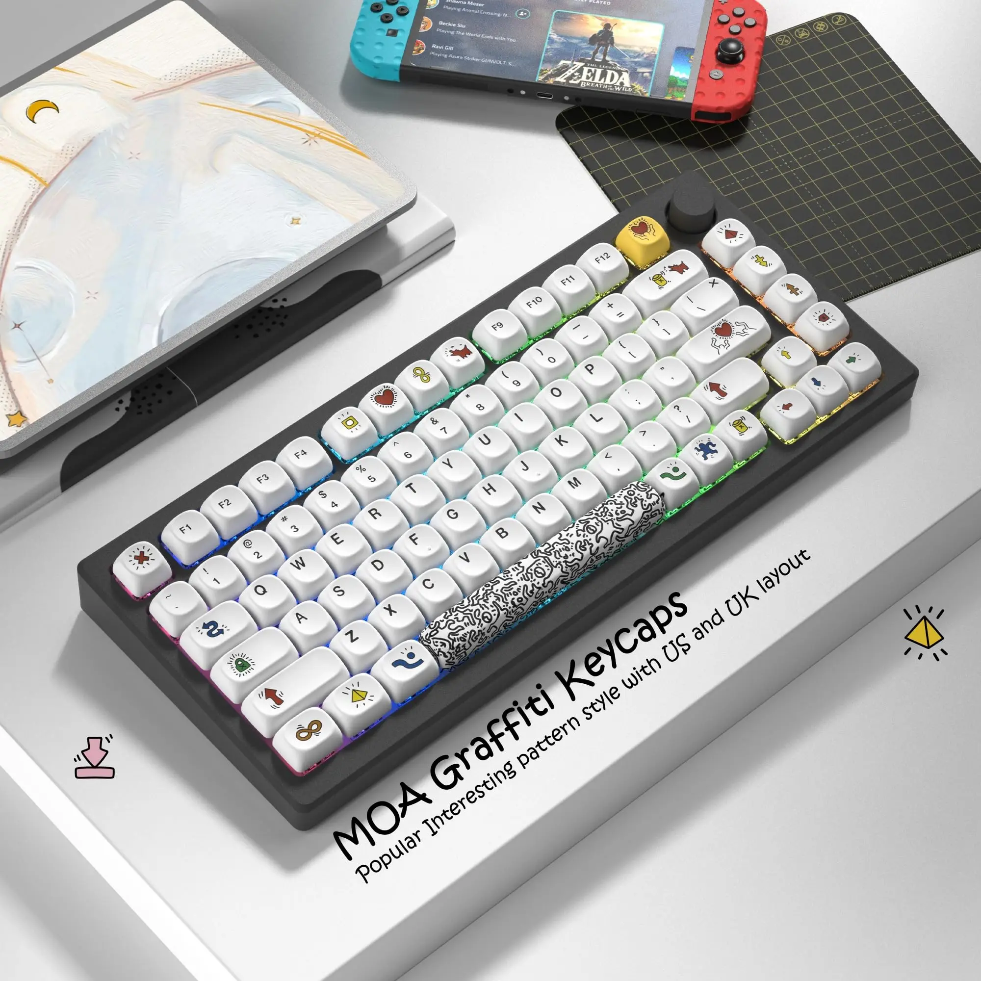 Womier Graffiti MOA PBT-Tastenkappen, niedliche Farbsublimations-Tastenkappen, 134 Tasten, individuelle Tastatur-Tastenkappen für Cherry MX Switches Tastatur