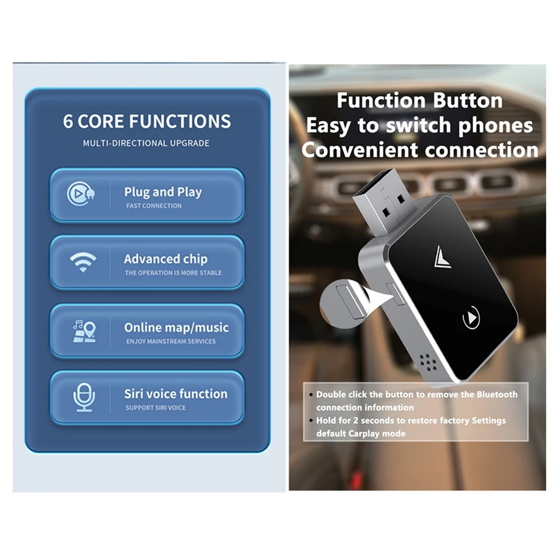 Wireless CarPlay Adapter 2 in 1 Converts Wired to Wireless Upgrade Plug and Play Automatic Connection Without Delay B-A12I