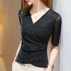 Women's Clothing 2022 Latest Fashion Blouses Elegant Summer T Shirt Free Shiping Elastic Glitter Blouses or Tops for Woman