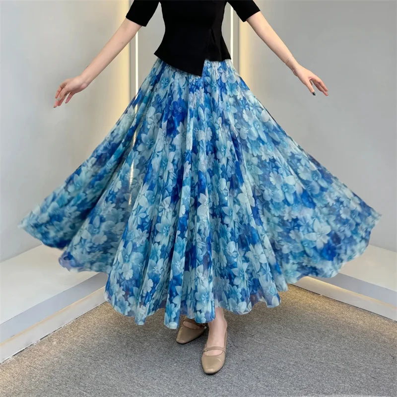 2025 Women High Waist Big Hem Maxi Skirt Korean Ladies New Printing Gauze Maxi Skirt Summer Female Fashion A-line Long Skirts
