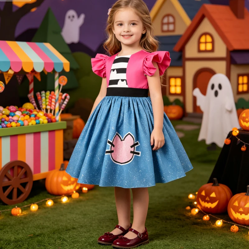 Karnevals-Party Cosplay Kostüm Mädchen Cartoon-Katzen Rollenspiel-Kostüm Geburtstag Halloween Verkleidung Bedrucktes Gestreiftes Prinzessinnenkleid