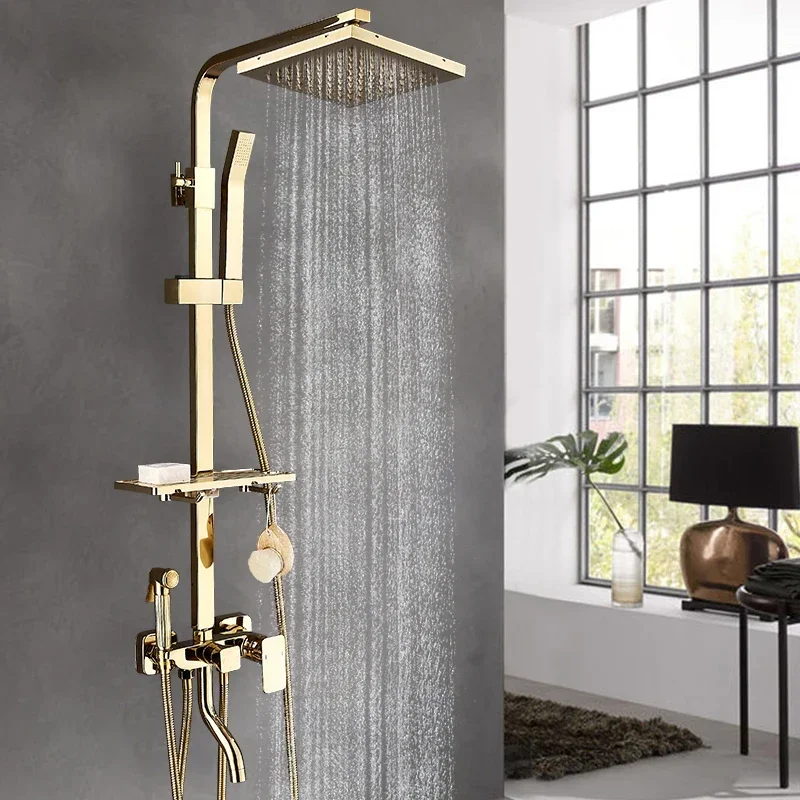 Luxury Gold Shower Faucet Set Brass Rainfall Shower System Wall Mount 3-Way Mixer with Swivel Tub Spout