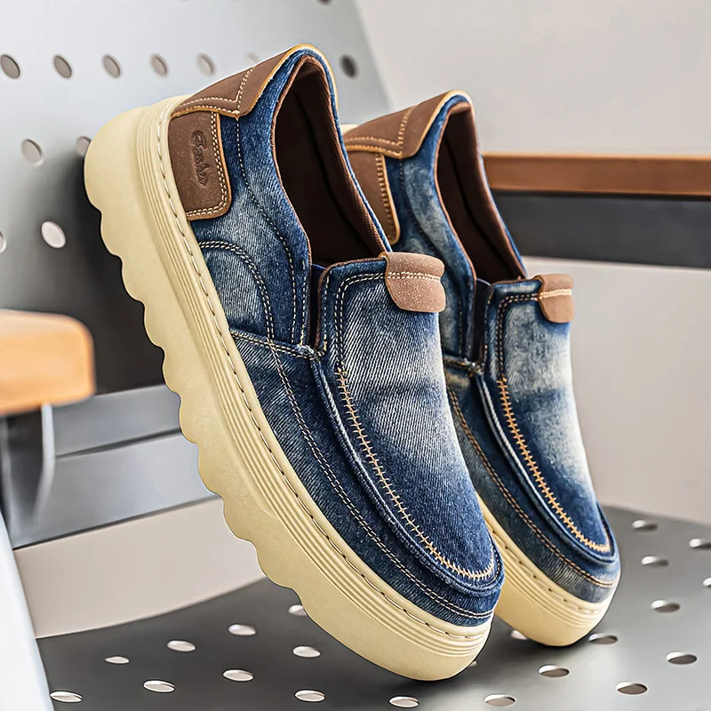 

Men Casual Loafers Retro Washed Denim Slip on Shoes Thick Sole Breathable Comfortable Daily Driving Non Slip Walking Sneakers