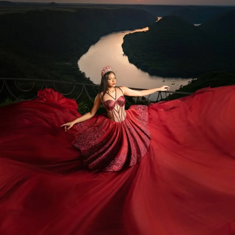 

Красное платье Quinceanera с открытыми плечами, блестящая цветочная наклейка, длинный хвост, многослойное платье Vestidos De 15, Quinceanera ﻿ Настроить