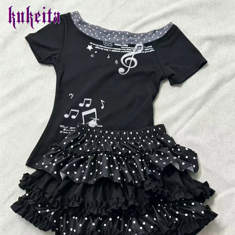 Kukeita Harajuku Gothic Y2K Music Note Print Off Shoulder T-Shirt+Polka Dot Ruffles Skirt Sets Kawaii Punk Girls Chic Streetwear