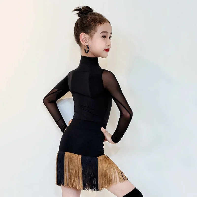 2025 New Latin Dress For Girls Black Performance Clothes Long Sleeve Bodysuit Fringe Skirt Kid Competition Stage Outfit