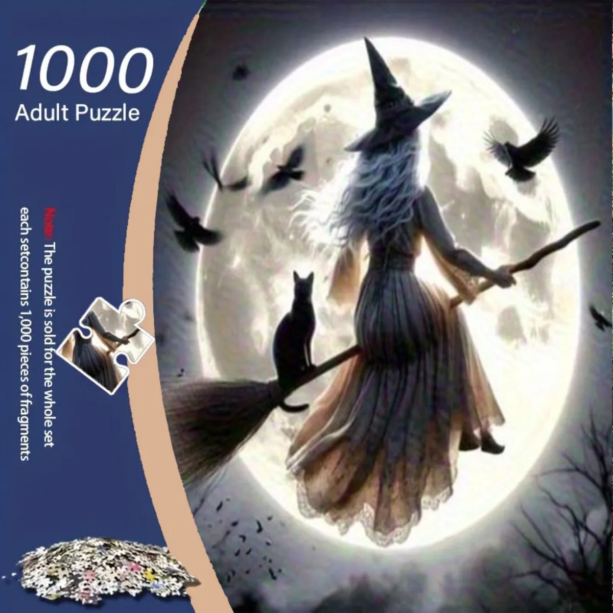 1000 piezas Bruja en palo de escoba, gato negro y corvos bajo la luna llena - Rompecabezas gótico de Halloween para adultos y familias - Rompecabezas grande