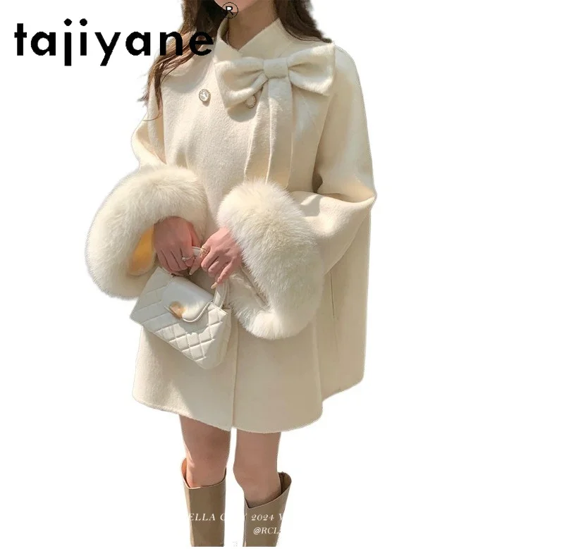 TAJIYANE 100% Wool Coat Woman Fox Fur Cuffs Outerwears Bow Cape Coat Women Clothing 2025 Winter Coats for Women Пальто Женское