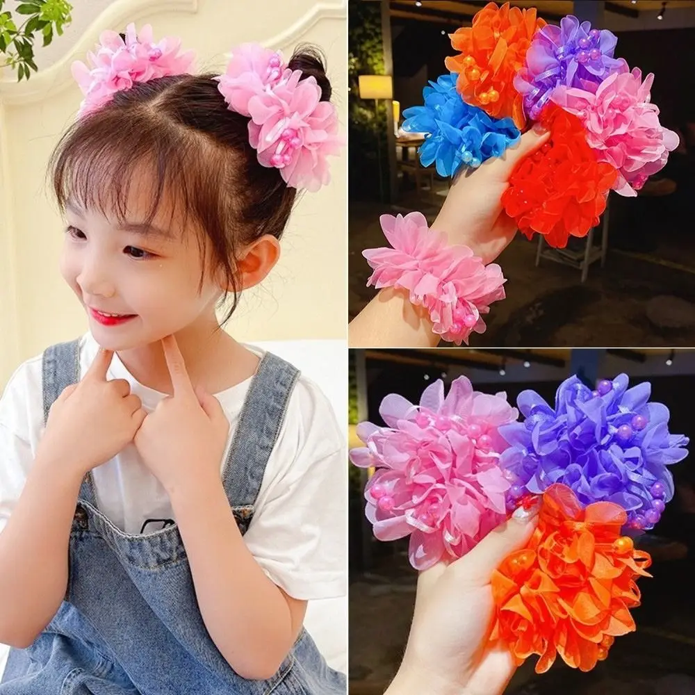 2Pcs New Elastic Children Flower Pearl Hair Tie Colorful Hair Accessories Flower Hair Loop Ruffled Flower Hair Rope Girls