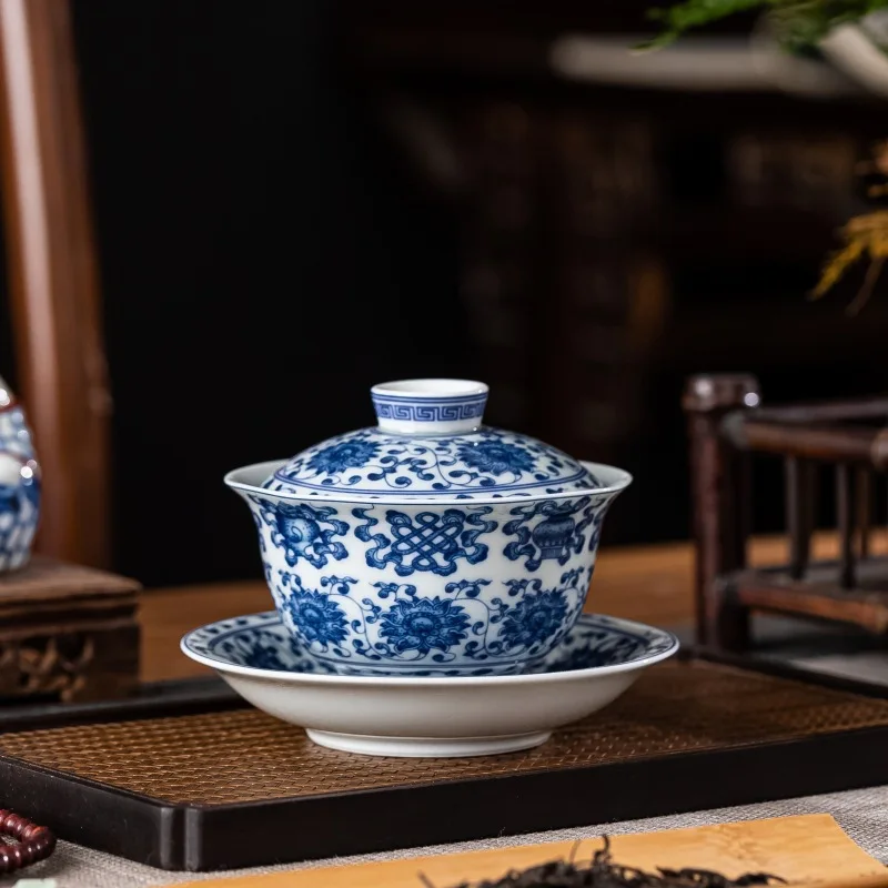 

Qitang Antique Mud Blue and White Eight Treasures Interlock Branch Household Tea Brewing San Cai Porcelain Gaiwan Set Cup