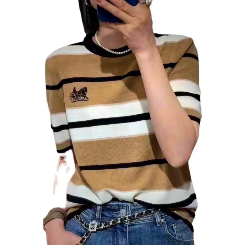 

Women's Light Luxury Striped Car Horse Short-Sleeved T-shirt Summer round Neck Loose Slimming Knitted Top