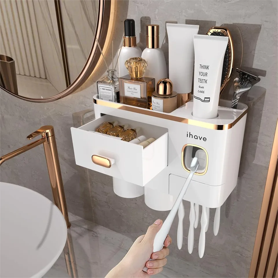 Wall Mounted Toothbrush Holder with Dispenser and Cups